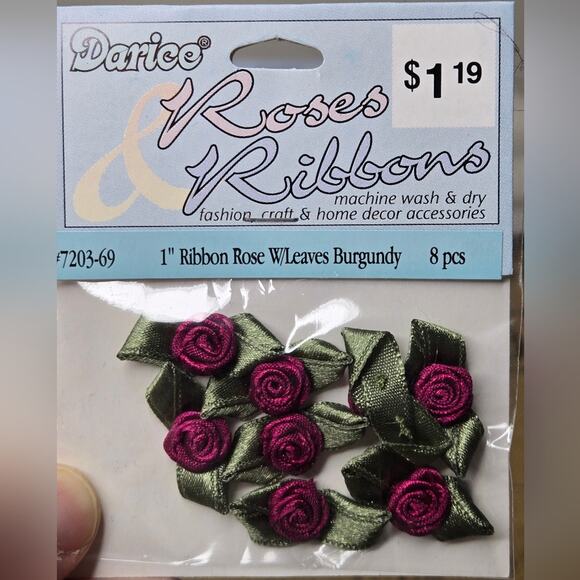 NWT Darice 1" Ribbon Roses Burgundy & Green Set of 6 Packs 48 count - Picture 2 of 3